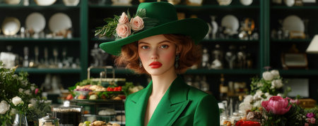 Journey to the roaring twenties with a captivating image: a model in a green vintage hat and 1920s attire poses gracefully in a nostalgic boutique Shelves filled with retro decor enhance the scene, evoking a bygone era This picture captures the timeless charm of retro fashion and classic beauty AI Generativeの素材