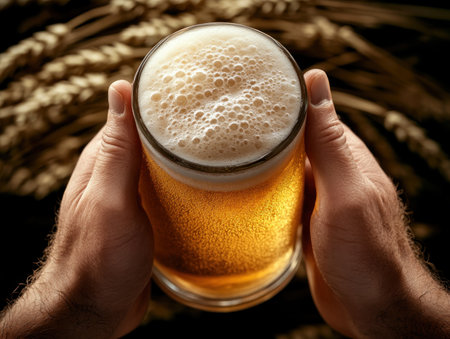 A golden lager, expertly poured, sits before barley and hops, a testament to craftsmanship The wooden bar beckons, promising rich flavors and relaxation This captures simple pleasures: a handcrafted beer, a perfect lager moment Indulge in this unique, blissful experience Your perfect beer awaits AI Generativeの素材