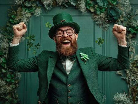 A vibrant leprechaun dances joyfully amidst shamrocks, capturing the spirit of Saint Patrick's Day This lively scene, brimming with green attire and holiday cheer, is perfect for celebrations and themed content Experience the magic of the season with this classic, exuberant presentation AI Generativeの素材