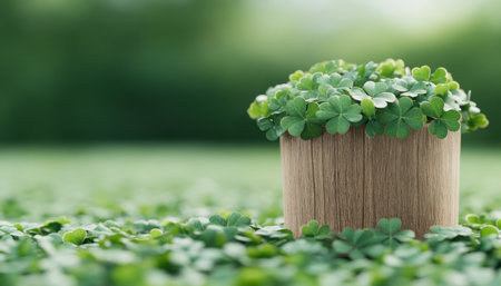 This captivating image embodies Saint Patrick's Day magic Clovers encircle a wooden pot, like a leprechaun's gold, invoking Irish folklore The lush greenery and lucky symbols celebrate the holiday's festive charm, inviting cultural connection and heritage Perfect for embracing the spirit of the season AI Generativeの素材