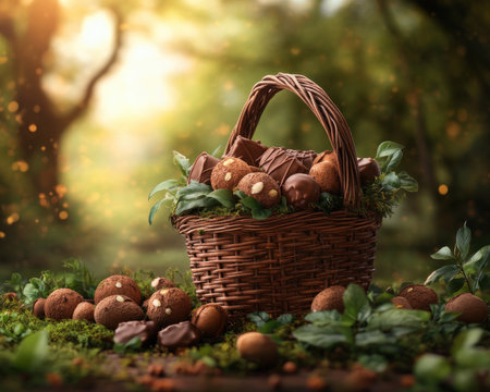 Enchanting Easter photograph: a holiday basket overflowing with chocolates, nestled in a forest Warm lighting creates an inviting atmosphere, perfect for spring or any chocolate-lover's occasion High-quality image ideal for digital or print designs Capture the season's magic! AI Generativeの素材