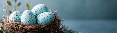 Capture Easter's joy with this vibrant image! A cheerful Easter basket overflows with colorful, decorated eggs, perfect for springtime designs Use this festive picture for invitations, cards, or social media posts, and celebrate the season with charm and delight AI Generativeの素材