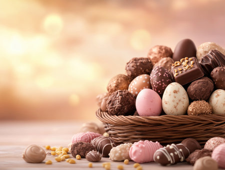 Embrace spring with gourmet chocolates and a festive Easter basket Rich, decadent treats, beautifully crafted into egg shapes, promise a sweet taste of the season Perfect as a gift or centerpiece, these irresistible chocolates offer a moment of pure indulgence for all ages, capturing the holiday's joyful spirit AI Generativeの素材