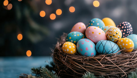 A vibrant Easter basket, overflowing with colorful eggs and treats, sits ready for a joyful hunt Nestled in a natural twig basket, it perfectly captures spring's festive spirit Bokeh lights add a magical touch, making this image ideal for cheerful, seasonal designs The essence of Easter joy is beautifully embodied AI Generativeの素材
