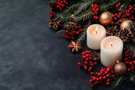 Bathe in the soft glow of traditional holiday candles, nestled amongst vibrant red berries, lush green leaves, and elegant gold accents These festive arrangements create a magical, cozy atmosphere, perfect for Christmas and New Year's Enhance your home, design holiday cards, or add a festive touch to any project AI Generativeの素材