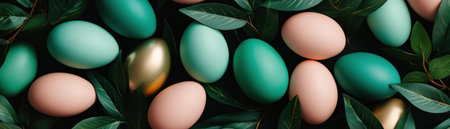 Celebrate spring with this vibrant display of modern Easter eggs! High-energy hues mix with traditional motifs, nestled among lush green leaves Pastel and gold eggs offer a fresh, contemporary take on Easter Perfect for projects, websites, or social media, this image exudes warmth, joy, and seasonal renewal AI Generativeの素材