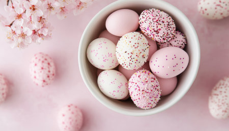 Evoke spring's essence with a bright, uplifting image of pastel-colored Easter eggs in a cheerful bowl Not an overflowing basket, but a focused, beautifully arranged display The eggs symbolize seasonal renewal and joy, ideal for social media, blogs, and marketing This vibrant photo captures the happiness of spring AI Generativeの素材