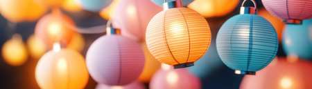 This image captures a joyous holiday scene with vibrant lanterns, bells, and hanging ornaments The dynamic and cheerful display creates a warm, festive ambiance perfect for special occasions Use this captivating decoration as a backdrop or download for your projects today to add a touch of celebration AI Generativeの素材