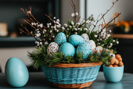 A close-up, slightly blurry image captures the essence of spring with a blue woven Easter basket Decorated eggs nestle in vibrant greenery, alongside a small bowl of round treats This charming scene celebrates a traditional Easter, inviting viewers to share the joy of the season The basket is a centerpiece AI Generativeの素材