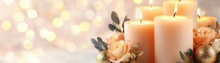 This image embodies festive elegance with tall crystal candle holders, golden decorations, and soft floral arrangements Warm candle glows create a sophisticated, inviting ambiance perfect for holidays or special occasions The luxury and modern design offer a refined touch for home d cor AI Generativeの素材