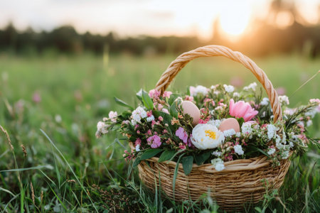 A hand-woven Easter basket overflows with spring's vibrant blooms and pastel eggs, ready for a charming holiday hunt Set in a serene meadow bathed in warm sunset hues, this image captures the essence of Easter and the peaceful beauty of the season It's a delightful scene of springtime joy AI Generativeの素材