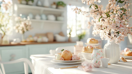 This bright kitchen scene captures a joyous Easter gathering Laughter fills the air, meals are shared, and the table bursts with colorful treats and flowers Perfect for greeting cards or social media, the image embodies spring, family togetherness, and the warmth of loved ones celebrating AI Generativeの素材