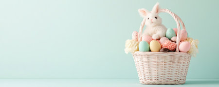 Embrace spring with this delightful Easter basket A bunny motif adorns the white woven basket, overflowing with pastel eggs, chocolates, and fluffy decorations Perfect for Easter celebrations, family gatherings, or photography projects, it captures joyful Easter spirit with its charming and vibrant imagery AI Generativeの素材