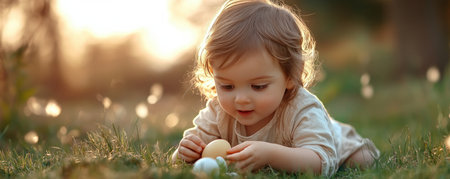 Sun-kissed children gleefully explore a vibrant green field, their laughter ringing during an Easter egg hunt Each colorful discovery sparks joy, capturing the magic of childhood wonder The golden hour light enhances this precious moment of outdoor play and festive fun, making it a perfect, warm memory AI Generativeの素材