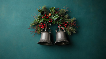 Evoke Christmas magic with these elegant silver bells Polished to a shine, they're adorned with holly, delicate bows, vibrant red berries, and lush green foliage These beautifully crafted decorations are perfect for adding festive cheer to seasonal designs and spreading holiday joy AI Generativeの素材