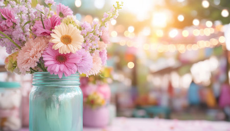 Embrace the joy of a Christian holiday with this image showcasing pastel flowers in mason jars, softly lit by string lights Perfect for projects needing a touch of reverence and celebration, this vibrant scene offers a beautiful, spiritual ambiance Enhance your designs with this image of Christian festivity today AI Generativeの素材