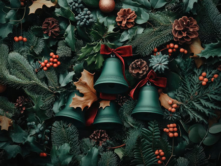 Evoke holiday nostalgia with these vintage-style festive bells Adorned with classic greenery and velvet ribbons, these images capture timeless Christmas elegance Perfect for holiday projects, they add a touch of sophistication and warmth, enhancing any design or photo with their charm AI Generativeの素材