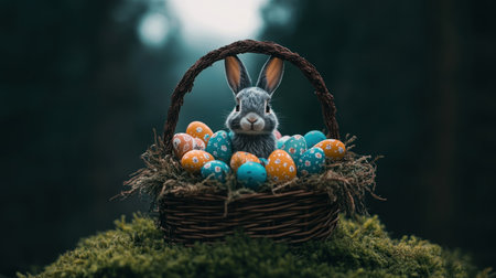 Embrace spring's magic with this enchanting Easter basket image A bunny motif and colorful candies overflow, alongside nestled Easter eggs in soft moss Joyful and festive, it's perfect for springtime projects Discover the woven basket's details and the adorable rabbit Share this cheerful scene to spread holiday cheer AI Generativeの素材