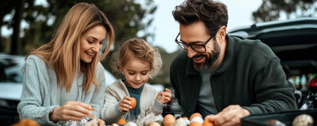 Experience spring's magic with a family egg hunt! Parents lovingly guide their children through a serene garden, decorating colorful eggs and preparing for the joyful search Witness pure family bliss as they create lasting memories filled with laughter and togetherness in this tender outdoor adventure AI Generativeの素材