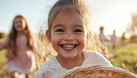 Experience the joy of spring with a vibrant Easter basket hunt! This cheerful activity unites friends and family, creating precious memories as children laugh and explore These images capture the fun of outdoor games, showcasing smiles and togetherness Celebrate the season with loved ones and the magic of Easter AI Generativeの素材