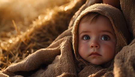 Capture the essence of a Christian holiday with a heartwarming image of a swaddled baby, symbolizing family, faith, and tradition Seek visual inspiration that embodies sacred beauty, focusing on peaceful scenes evoking the spirit of the season This unique depiction celebrates spirituality and love AI Generativeの素材