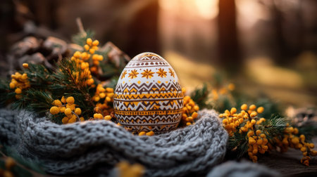 Enchant with Easter! A handcrafted egg, intricately patterned, nestles amidst spring foliage This stunning image captures the artistry of Easter egg decoration, ideal for seasonal designs and holiday promotions Its charm and festive appeal will elevate your project AI Generativeの素材