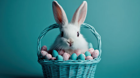 This delightful Easter basket image, featuring a bunny design and candy, evokes joy and festivity Perfect for Easter greetings, children's projects, or spring decor, its vibrant colors and charming details enhance any design Capture the heartwarming spirit of the season with this adorable photo AI Generativeの素材