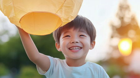 Witness families releasing glowing lanterns skyward amidst blossoming spring landscapes This heartwarming scene celebrates peace, cultural heritage, and family bonding Experience the magic of softly floating lanterns, creating a serene ambiance during this season of renewal in nature's embrace Share the beauty of these joyful festivities AI Generativeの素材