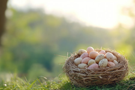 A natural bird's nest cradles speckled Easter eggs, a symbol of springtime joy and new beginnings Inspired by a treat-filled Easter basket, these eggs evoke renewal and life Perfect for seasonal decor, the image embodies the freshness of Spring, capturing the spirit of giving and celebration AI Generativeの素材