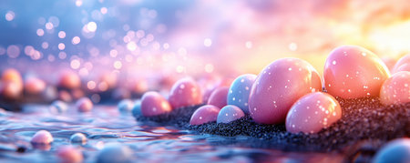 Discover a magical egg hunt! Solve riddles hidden inside pastel eggs scattered across a whimsical landscape of sparkling lights and smooth, pink forms Explore this enchanting digital adventure, decode secrets, and unlock extra prizes It's a captivating interactive journey waiting to be explored! AI Generativeの素材
