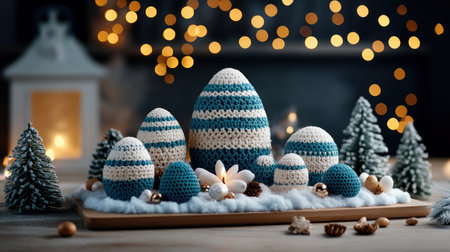 Elevate your holiday decor with unique, handcrafted yarn-covered eggs These festive designs, featuring rich blue and white accents, blend classic style with whimsical charm Perfect for Easter or winter, their intricate details add visual interest, whether used in centerpieces or scattered throughout your home AI Generativeの素材