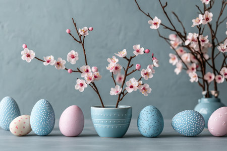 Immerse yourself in the magic of Easter with artistic, pastel-hued eggs and delicate flower branches These handcrafted decorations, featuring soft colors and intricate patterns, embody the spirit of renewal and spring Create a serene, joyful ambiance perfect for home decor or seasonal projects Embrace the charm and artistry of Easter AI Generativeの素材