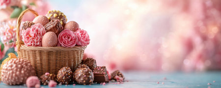 Embrace spring with this charming Easter basket, overflowing with delicate fresh flowers and luxurious chocolates Its soft pinks and browns create an elegant and inviting atmosphere, perfect as a gift or festive centerpiece Capture the beauty of the season with this delightful, spring-themed treat AI Generativeの素材