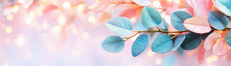 Immerse yourself in ethereal beauty with a dreamy pastel palette Soft pinks, blues, and gold delicately illuminate leaves, creating a whimsical and serene botanical image Perfect for backgrounds, branding, or adding a touch of magic, this tranquil visual experience evokes calmness and a dreamlike quality AI Generativeの素材