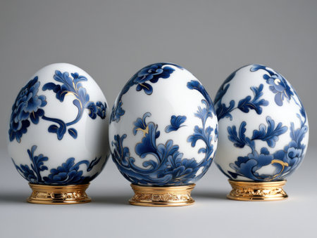 Discover exquisite, hand-painted ornamental eggs, blending tradition and artistic mastery Featuring intricate blue and white patterns, these ceramic art pieces evoke timeless elegance Perfect for sophisticated d cor or thoughtful gifting, these decorative egg ornaments will enhance any collection and bring joy for years to come AI Generativeの素材
