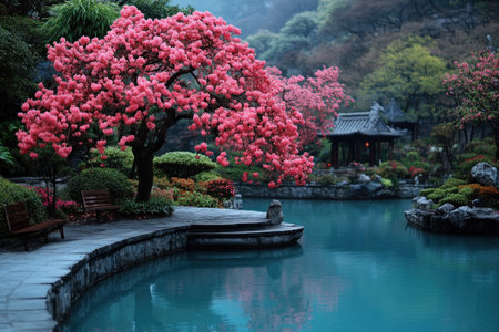 Escape to a serene riverside scene where soft pastel flowers mirror in the tranquil water Embrace renewal in this peaceful haven, with a vibrant pink tree fostering inner peace Explore nature's artistry, allowing vibrant colors to lift your spirit with joy and serenity a perfect spot for meditation and AI Generativeの素材