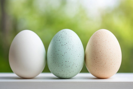 Elevate your spring decor with sleek, modern colorful eggs These uniquely designed pieces blend contemporary style with seasonal cheer, perfect for Easter or any spring celebration The vibrant hues and distinctive patterns add elegance to any table, while a trio of pastels against a soft green background creates a tranquil, AI Generativeの素材