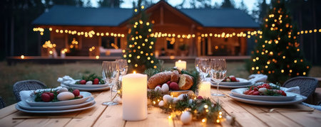 Capture the essence of Easter with a tranquil outdoor gathering Prayerful moments transition to joyful celebration around a beautifully lit, rustic table adorned with delicious treats This scene, rich with the warmth of family and friendship, embodies the perfect Easter memory, highlighting togetherness and festive cheer AI Generativeの素材