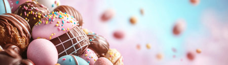 Indulge in Easter's sweetness with this close-up of assorted chocolate eggs, adorned with vibrant sprinkles and designs This delicious assortment embodies the joy of the season, promising a delightful treat that will have you craving more Experience the magic of Easter through these delectable chocolate treasures AI Generativeの素材