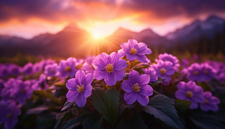 Immerse yourself in Spring's vibrant awakening Radiant flowers and sparkling streams meet under a brilliant sky This breathtaking vista showcases nature's rebirth, with vibrant purple blooms against a majestic sunset mountain range Perfect for nature lovers, this tranquil scene celebrates the beauty of the natural world AI Generativeの素材