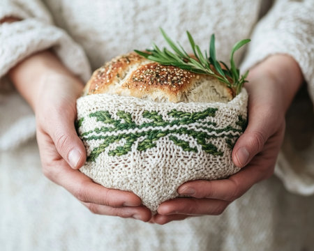 Experience the warmth of a Christian holiday gathering captured in a simple, elegant image Witness shared meals, heartfelt observances, and the essence of communal dining with fresh baked goods This photo beautifully highlights reverence, faith, and family, celebrating tradition, spirituality, and gratitude during this religious occasion AI Generativeの素材