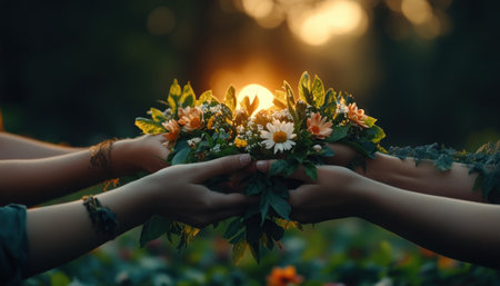 Celebrate spring's rebirth with this radiant image A sunrise circle of people, hands joined amidst blooming flowers, bathed in soft golden light Experience the joy of renewal and connection with nature in this vibrant scene A peaceful and inspiring visual of the season's awakening AI Generativeの素材