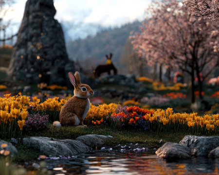 Immerse yourself in an enchanting Easter scene featuring vibrant tulips, daffodils, and cherry blossoms The charming Easter bunny frolics amidst this spring spectacle, a perfect blend of nature's beauty and holiday joy Ideal for wallpapers or seasonal designs, capture the essence of springtime magic and celebrate Easter with blooming flowers AI Generativeの素材