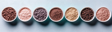 Delicate, light pastel hues fill small white bowls, showcasing finely ground textures A minimalist composition of soft pinks, purples, and rich browns highlights subtle color variations and tactile beauty Airy and gentle, this display offers design inspiration through its refined pastel palette AI Generativeの素材