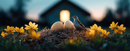 Immerse yourself in a vibrant spring meadow alive with wildlife A bird guards its nest with two light eggs, surrounded by sunny wildflowers This nature photograph, bathed in sunset's soft light, captures a serene scene A distant house adds to the tranquil mood, perfectly embodying the beauty and promise of AI Generativeの素材