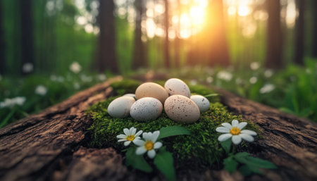 Immerse yourself in a tranquil spring forest where speckled eggs hide among moss and wildflowers This digital art captures nature's secret treasures, ideal for Easter or spring d cor Discover the vibrant scenery and captivating forest life, a perfect addition to your collection and for inspiration AI Generativeの素材