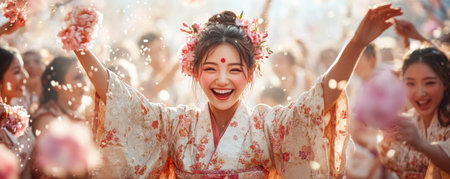 Immerse yourself in the vibrant Spring Festival of Togetherness! Witness a joyful parade of people in traditional floral costumes and crowns, celebrating as one Pastel confetti floats amidst radiant smiles, creating a lively, fun, communal atmosphere where joy and tradition beautifully intertwine AI Generativeの素材
