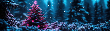 A luminous pink Christmas tree, sparkling with lights, stands amid falling snowflakes and deep blue hues Iridescent snowflake decorations shimmer, creating a magical winter wonderland The snow-covered ground reflects a soft glow, perfect for festive backgrounds and holiday greetings AI Generativeの素材
