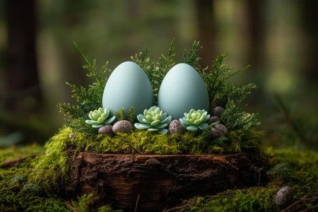 Discover whimsical beauty with these playful blue eggs, crafted with fantasy and seasonal charm Nestled on a mossy stump amidst lush greenery, they invoke woodland magic, perfect for spring or Easter Explore nature's delicate artistry with these captivating treasures AI Generativeの素材