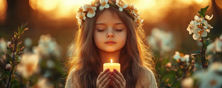 Capture the serene essence of Easter with this image: a young girl holding a candle amidst spring blooms at golden hour It's a moment of prayer, peace, and reflection, brimming with faith and hope This enchanting, spiritual snapshot evokes calm and renewal, ideal for Easter projects AI Generativeの素材